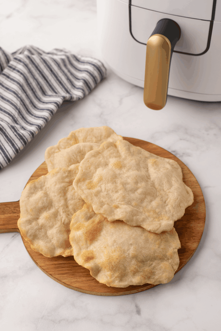 Stack of golden, freshly cooked air fryer homemade flour tortillas on a plate