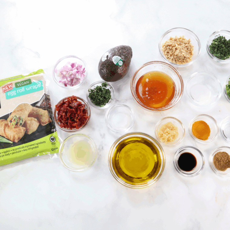 Ingredients needed for Easy BJ’s Avocado Egg Rolls Recipe on kitchen table.