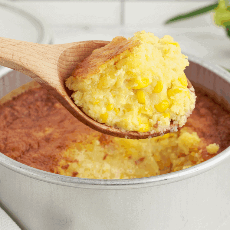 A golden, creamy Pioneer Woman corn casserole fresh out of the oven, ready to serve.