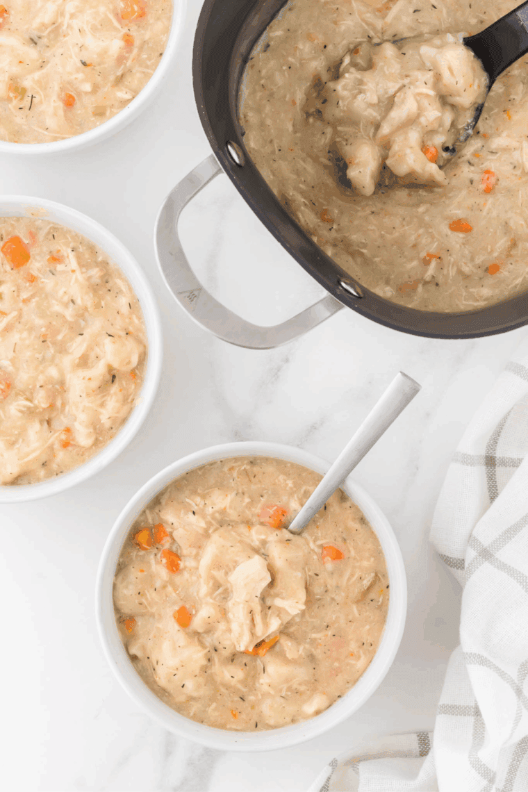 Close-up of slow cooker chicken and dumplings served in a white bowl