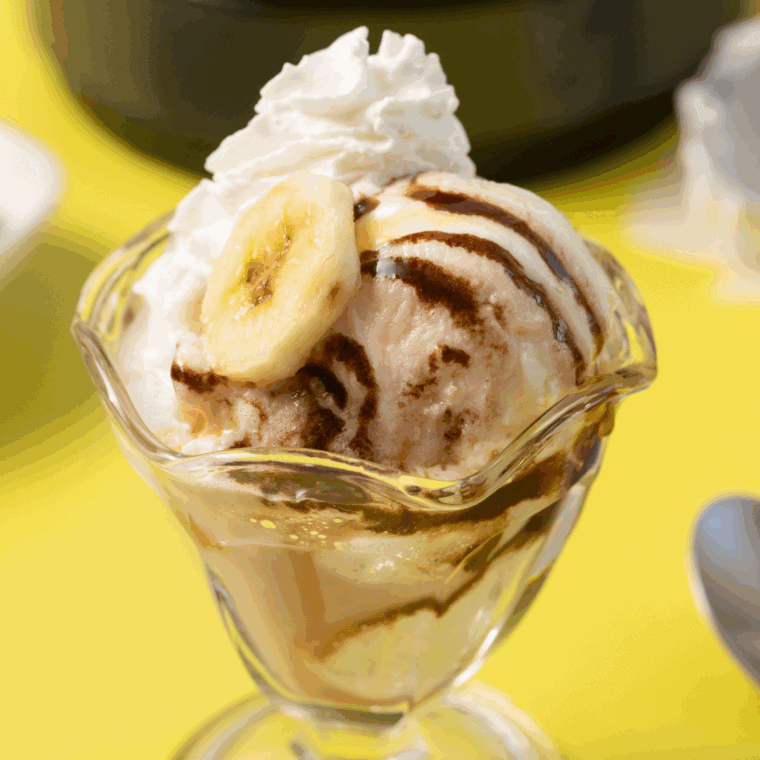 Scooping creamy Pralines n’ Cream ice cream into bowls, ready to serve.