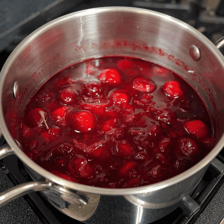 Cherries simmering in a skillet with honey, rosemary, and cinnamon, forming a thick, glossy sauce.