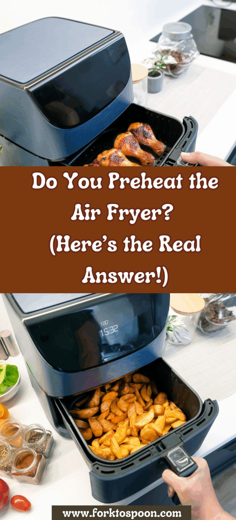 “Air fryer with food inside, preheating before cooking”