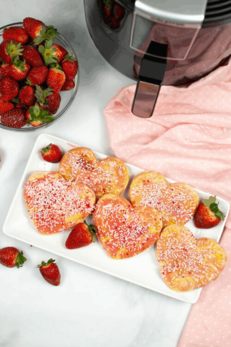 Flaky air fryer cranberry pop-tarts topped with glaze and holiday sprinkles, filled with tart cranberry jam.
