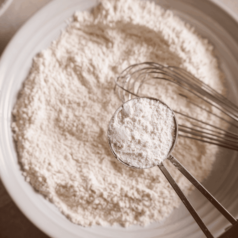 Whisking together flour, sugar, baking powder, baking soda, and salt in a large bowl.