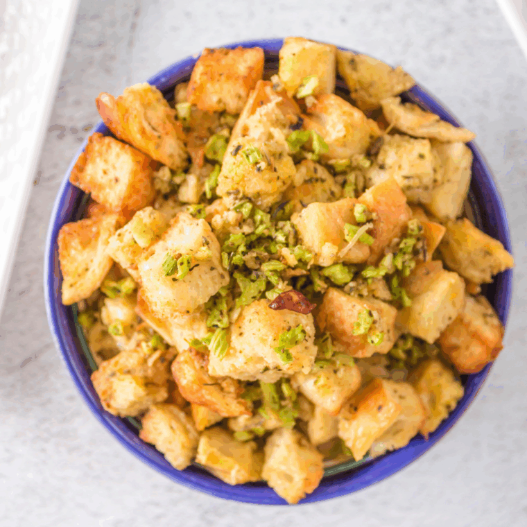 Plate of Easy Ina Garten’s Sausage and Herb Stuffing Recipe.