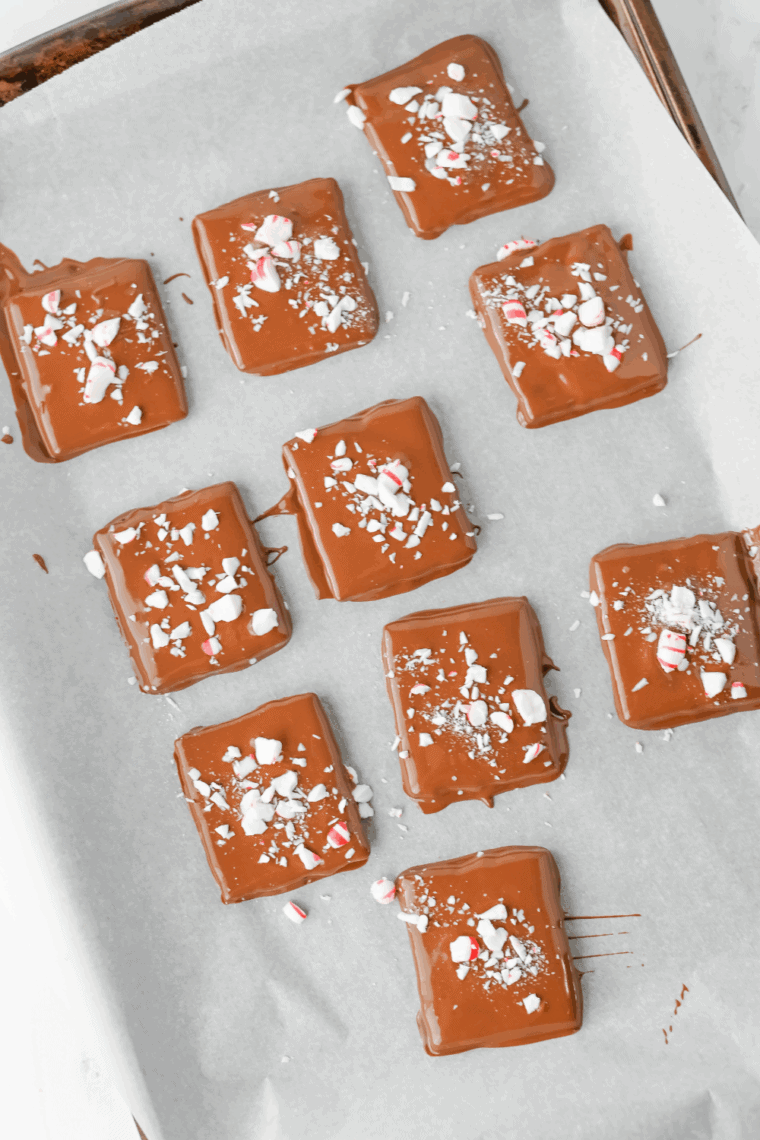 Stacked Easy Peppermint Crunch Graham Crackers dipped in white chocolate and generously covered with crushed red and white candy can