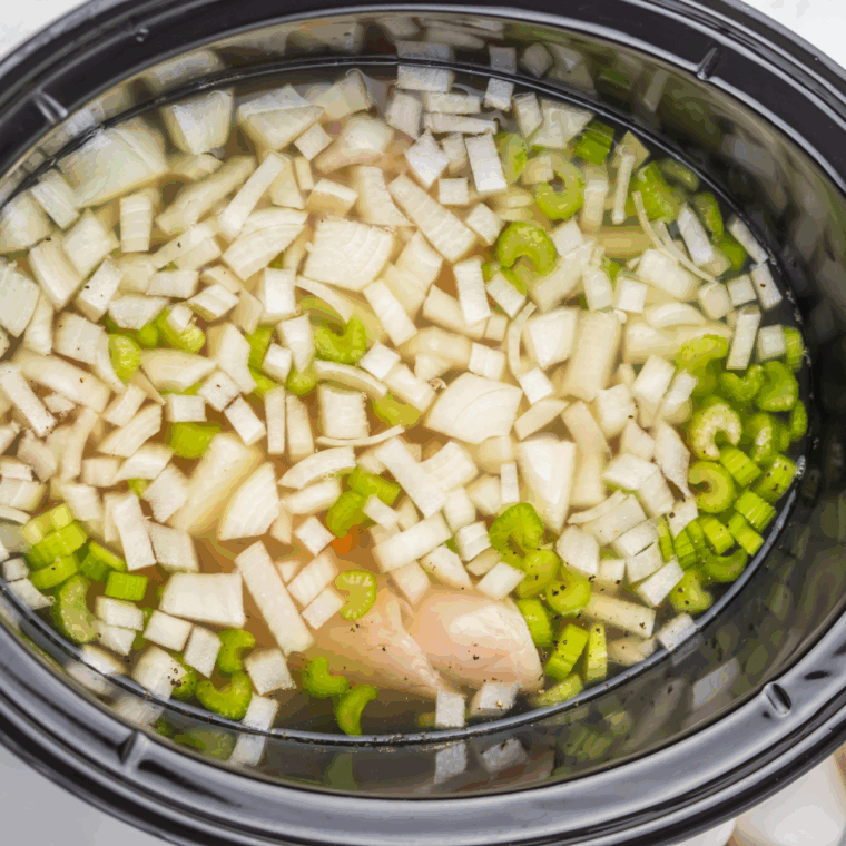 Raw chicken, vegetables (onions, carrots, celery), and broth ingredients placed inside the slow cooker pot.