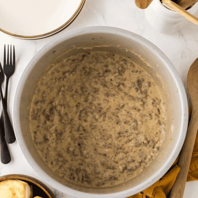Keto Sausage Gravy in the skillet.