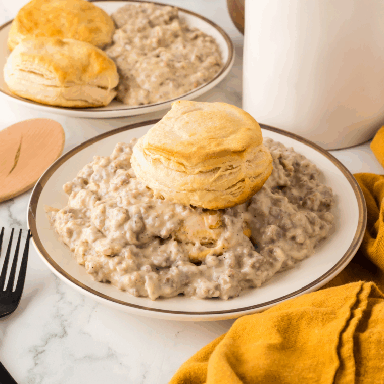 Plate of Keto Sausage Gravy Recipe on kitchen table.