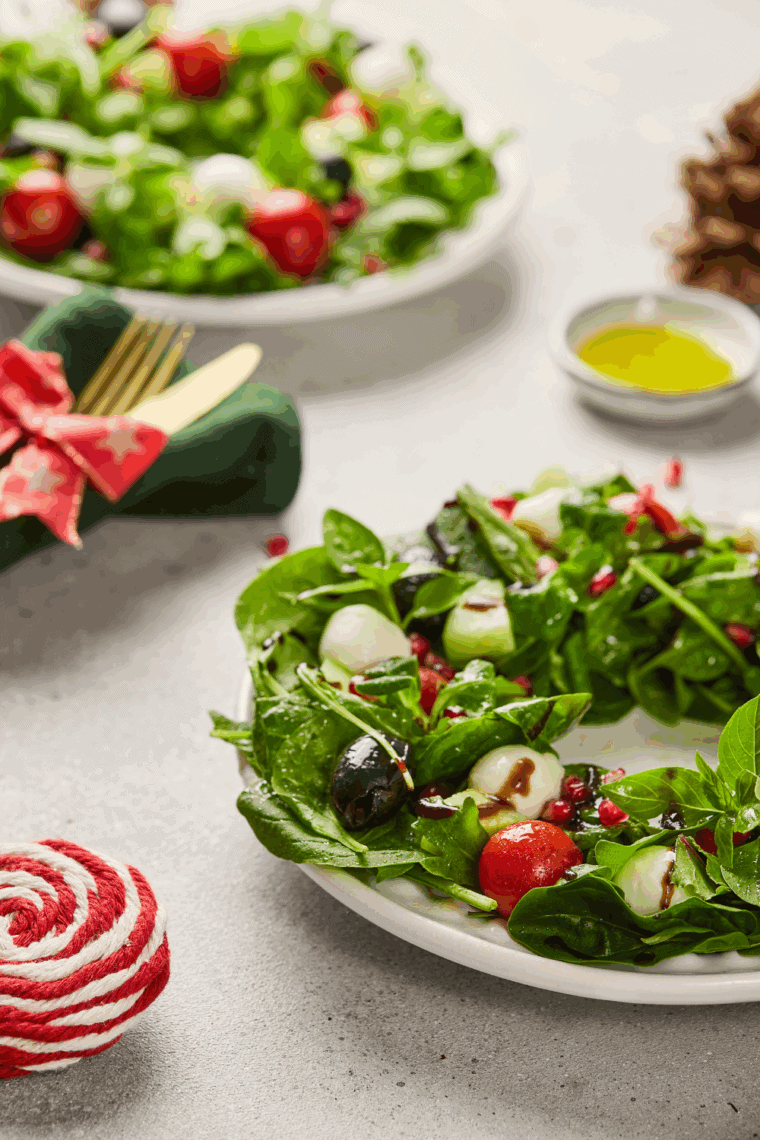 Easy Christmas Wreath Salad appetizer with red and white ingredients.