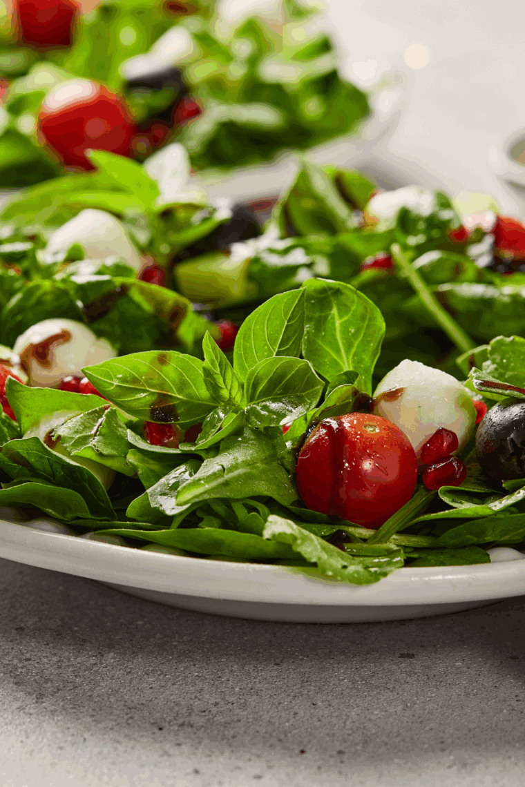 Festive Christmas wreath salad with mixed greens, cherry tomatoes, mozzarella balls, black olives, pomegranate seeds, and fresh basil, drizzled with olive oil and balsamic glaze on a round platter.