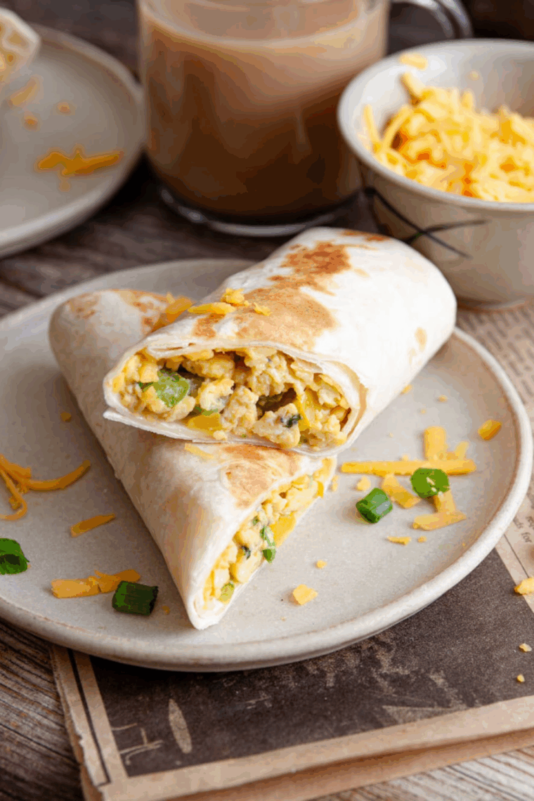 Copycat SuperSonic breakfast burrito stuffed with eggs, sausage, cheese, and tater tots, sliced in half on a plate.