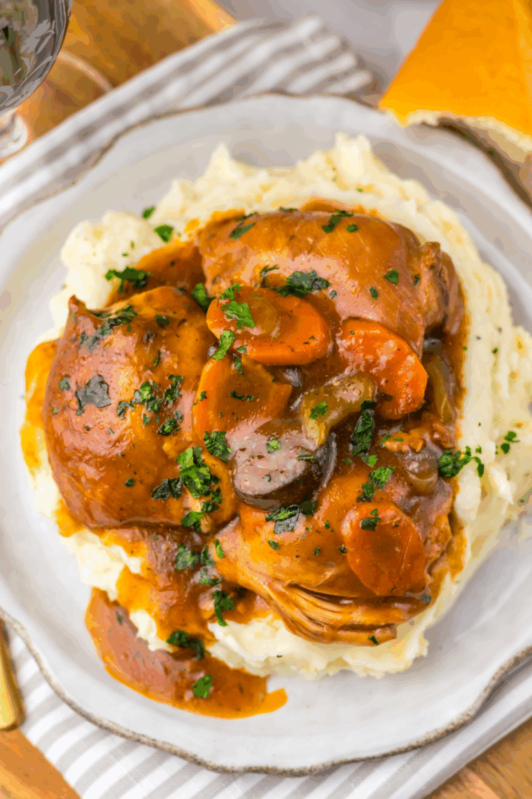 Slow cooker chicken merlot with mushrooms simmered in rich red wine sauce