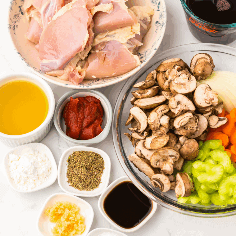 Ingredients needed for Easy Slow Cooker Chicken Merlot on kitchen table.
