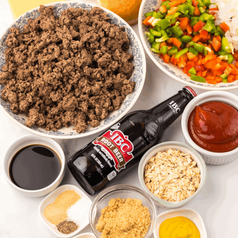 Ingredients needed for Slow Cooker Root Beer Sloppy Joes on kitchen table.