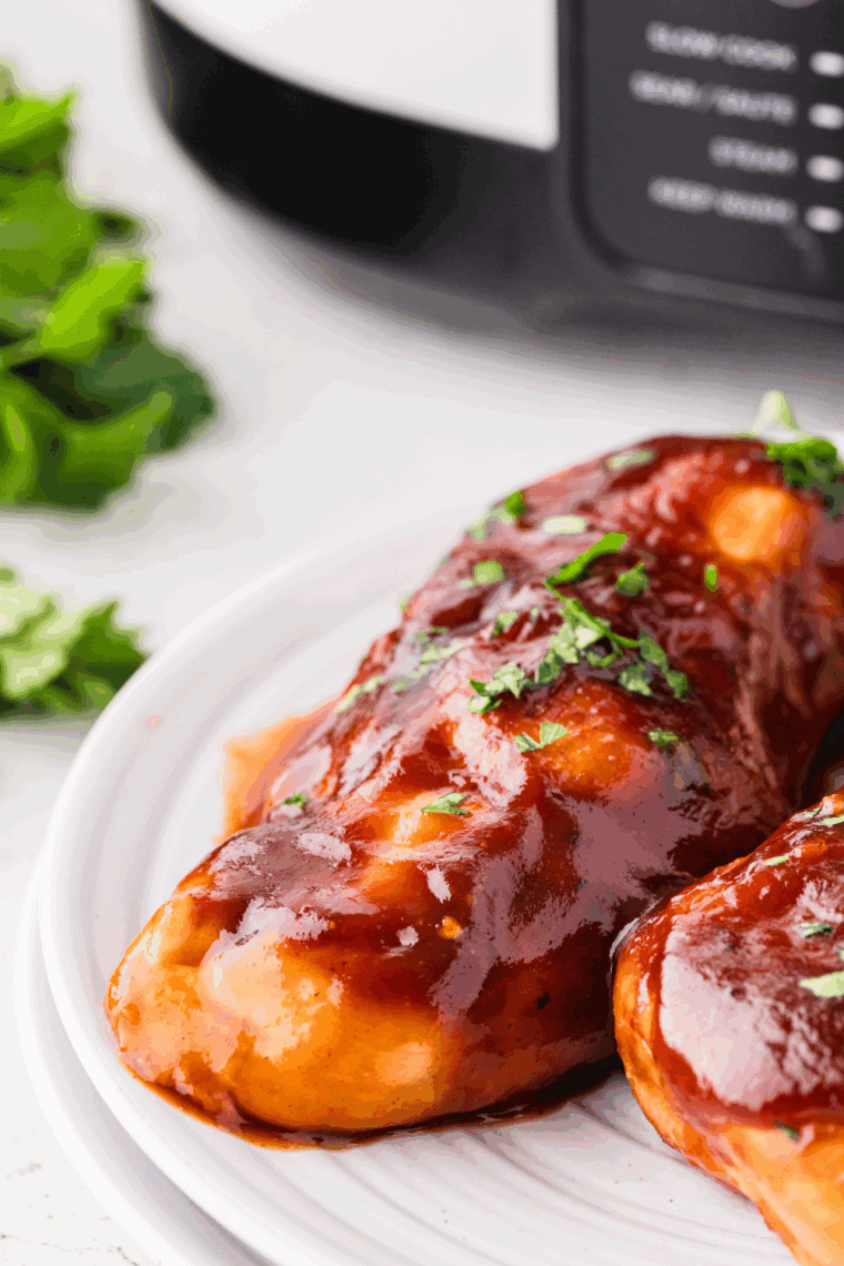 Plated shredded BBQ chicken served on buns or over rice, garnished with parsley.