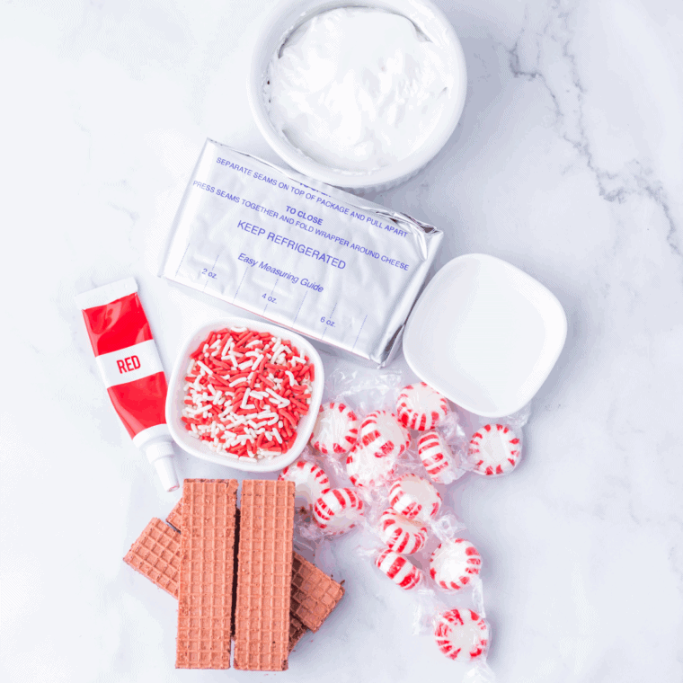 Ingredients needed for Valentine’s Day Fluff on kitchen table.