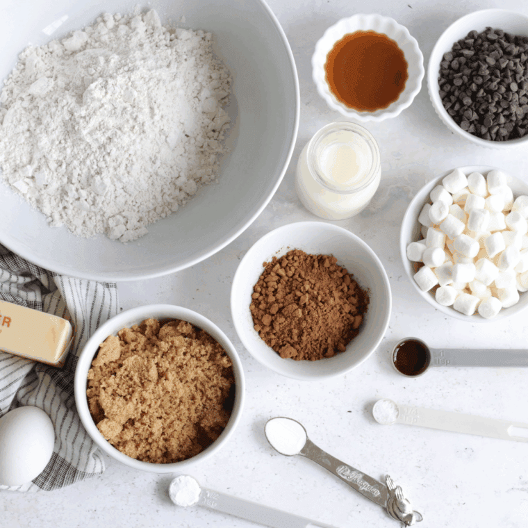 Ingredients needed for Air Fryer Caramel Hot Cocoa Cookies on kitchen table.