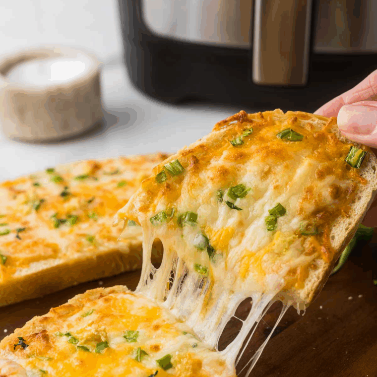 Golden air fryer cheese on toast with melted, bubbly cheese