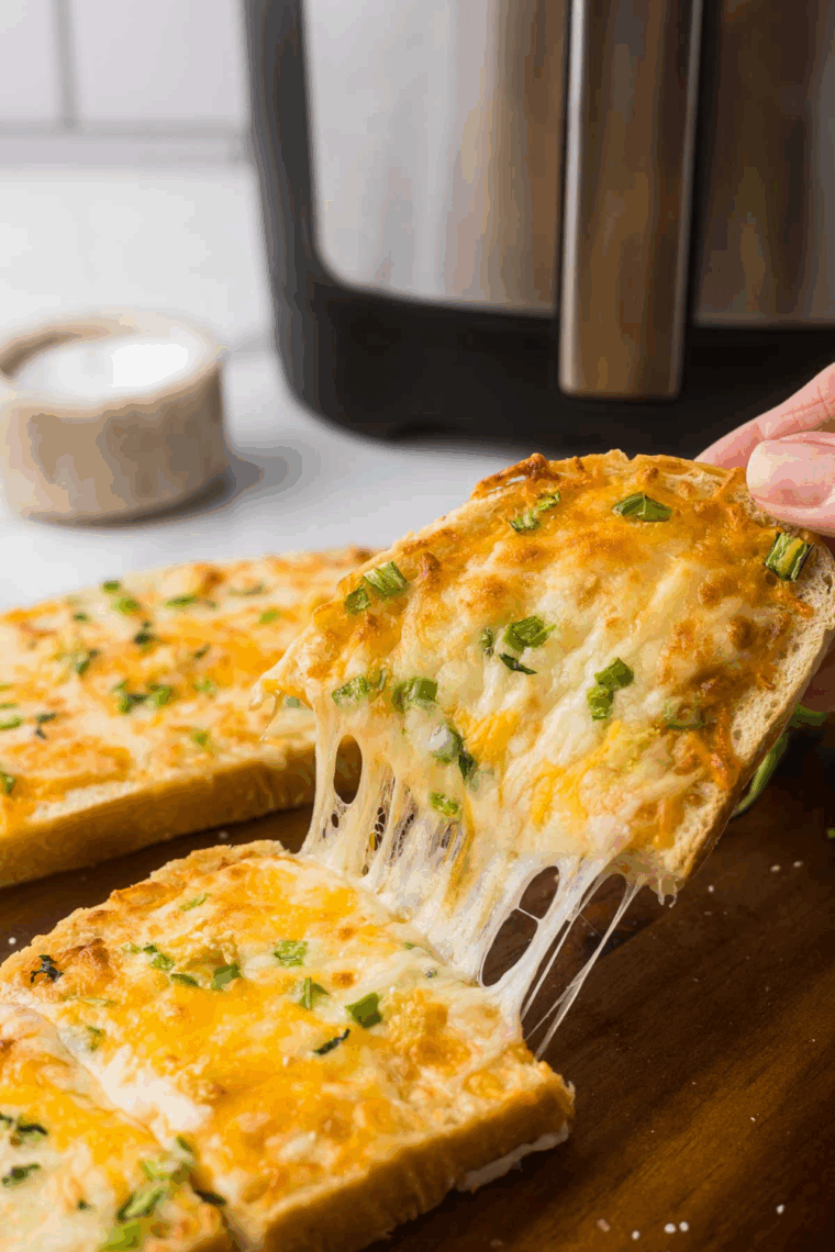 Golden, crispy air fryer cheese on toast with melted, bubbly cheese