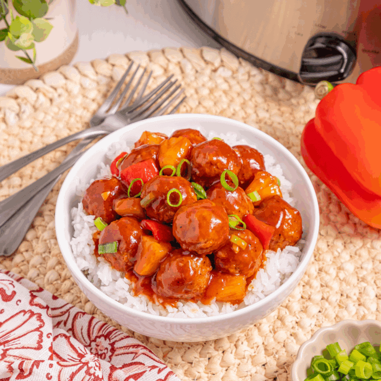 Crock Pot Hawaiian Meatballs in sweet and tangy sauce, ready to serve.
