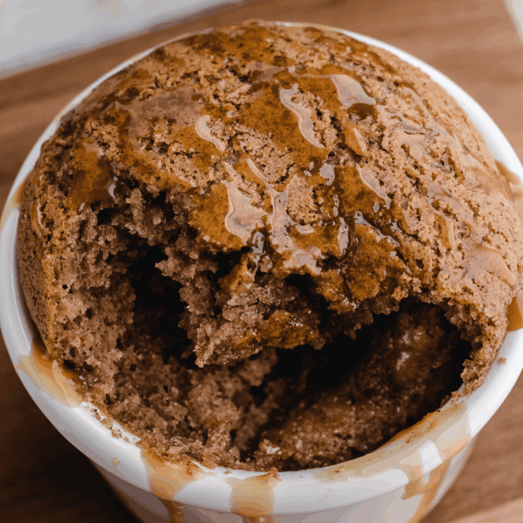 Easy air fryer salted caramel apple mug cake in a mug