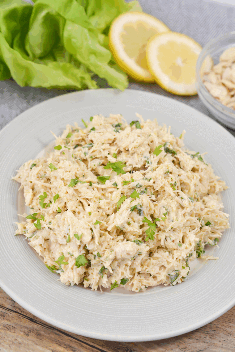 Easy basic chicken salad without celery served creamy and classic in bowl