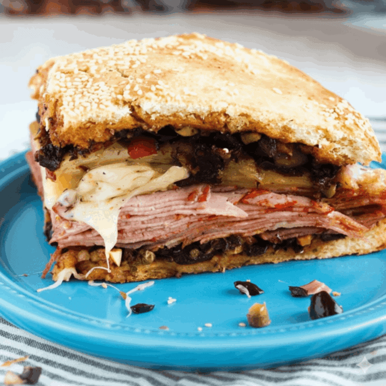 Plate of Easy Jason's Deli Muffuletta Recipe close up.