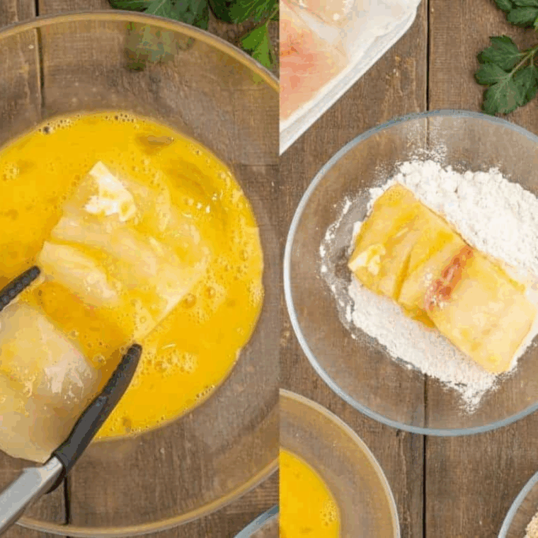 Cod cheeks coated in flour, egg, and panko breadcrumbs