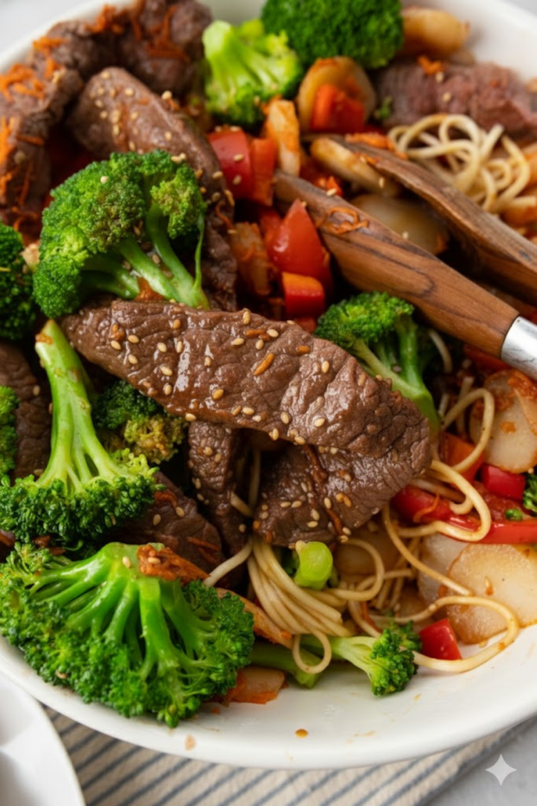 Homemade air fryer beef lo mein garnished with sesame seeds and green onions on serving plate