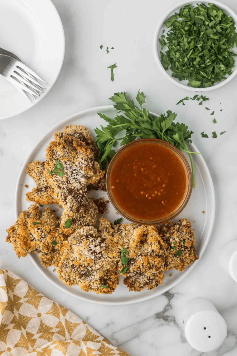 Golden breaded chicken livers fresh from the air fryer on a serving plate.