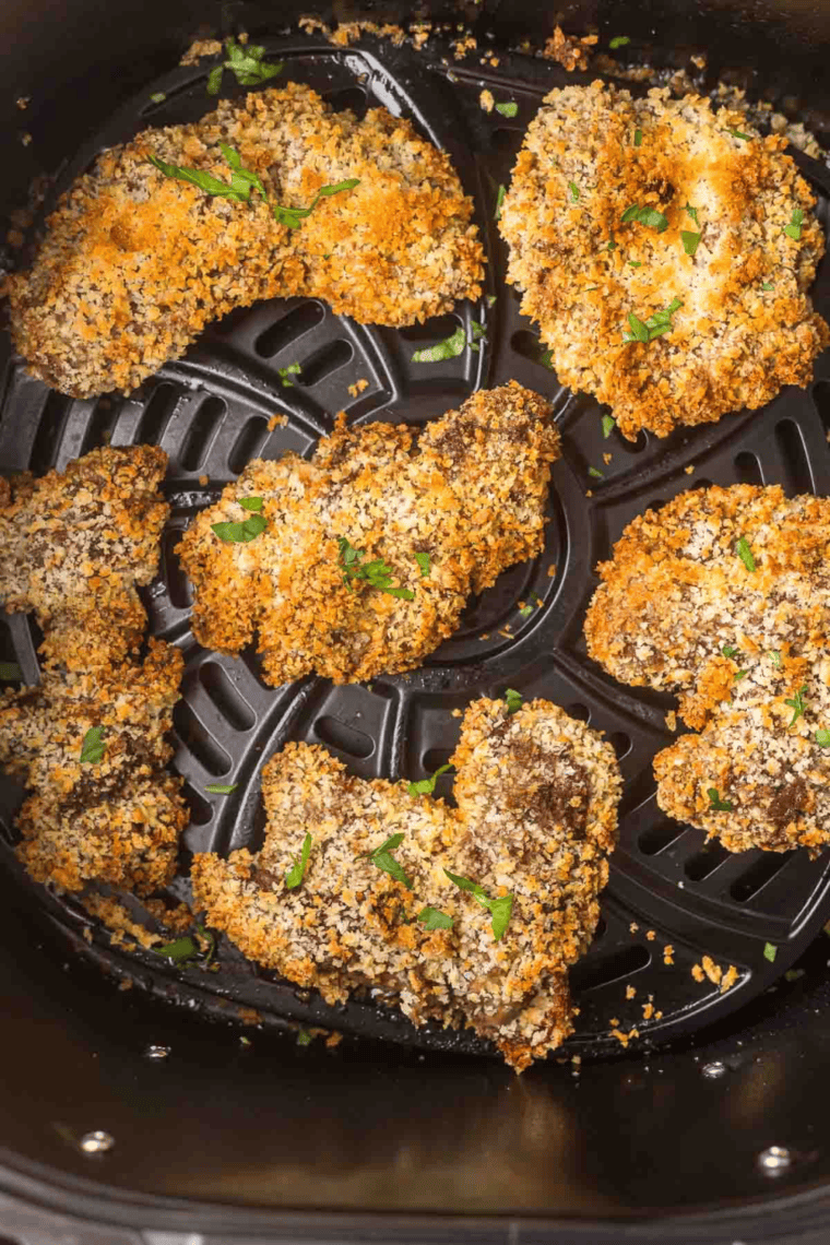 Close-up of crispy breaded chicken livers served hot, straight from the air fryer.