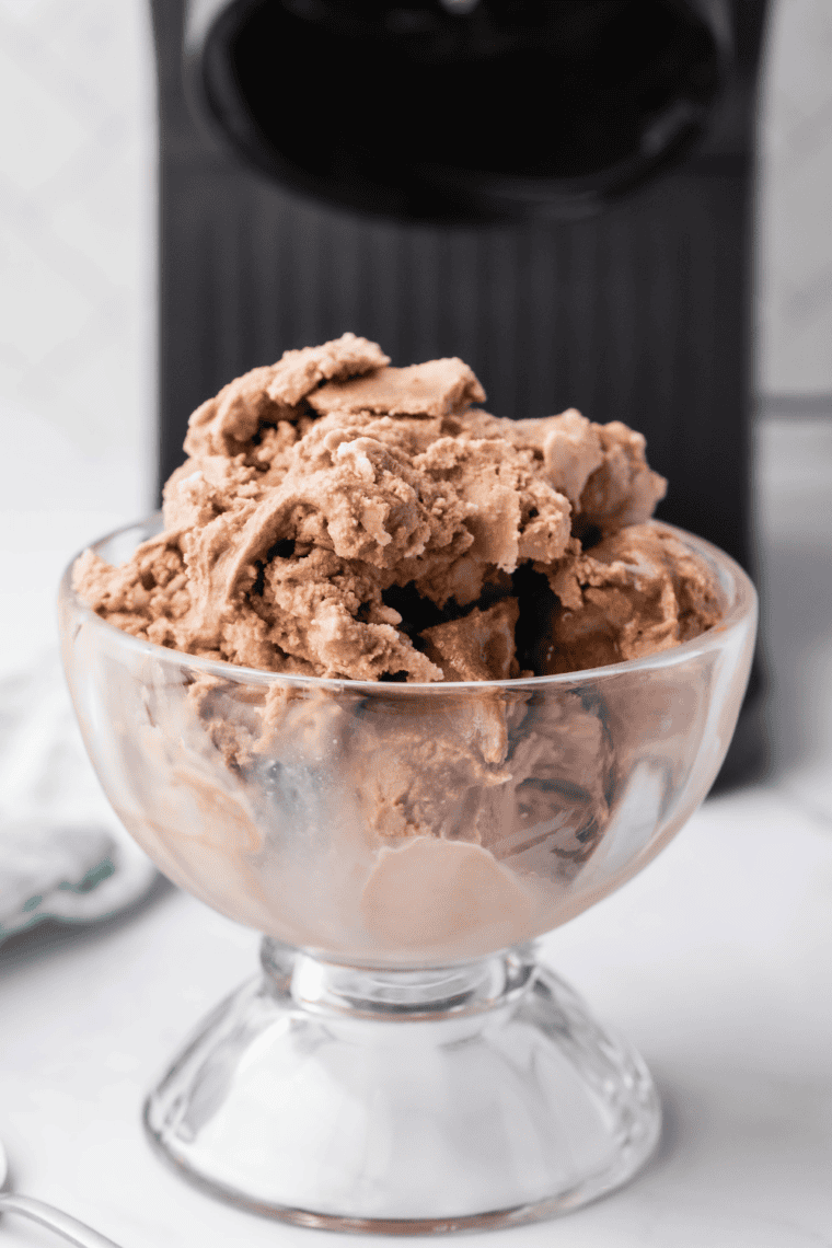 Easy Ninja Creami Chocolate Gelato scooped into a bowl with a smooth, creamy texture and deep chocolate color.