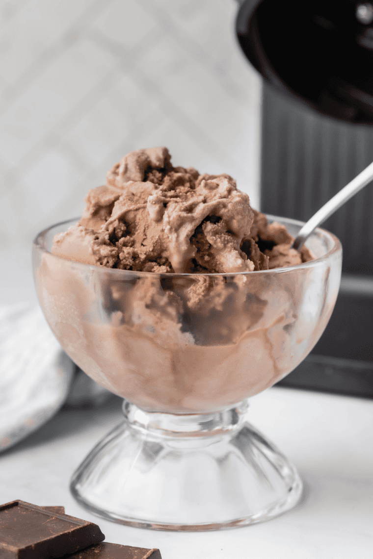 Bowl of Easy Ninja Creami Chocolate Gelato with creamy texture and deep chocolate color, ready to serve.