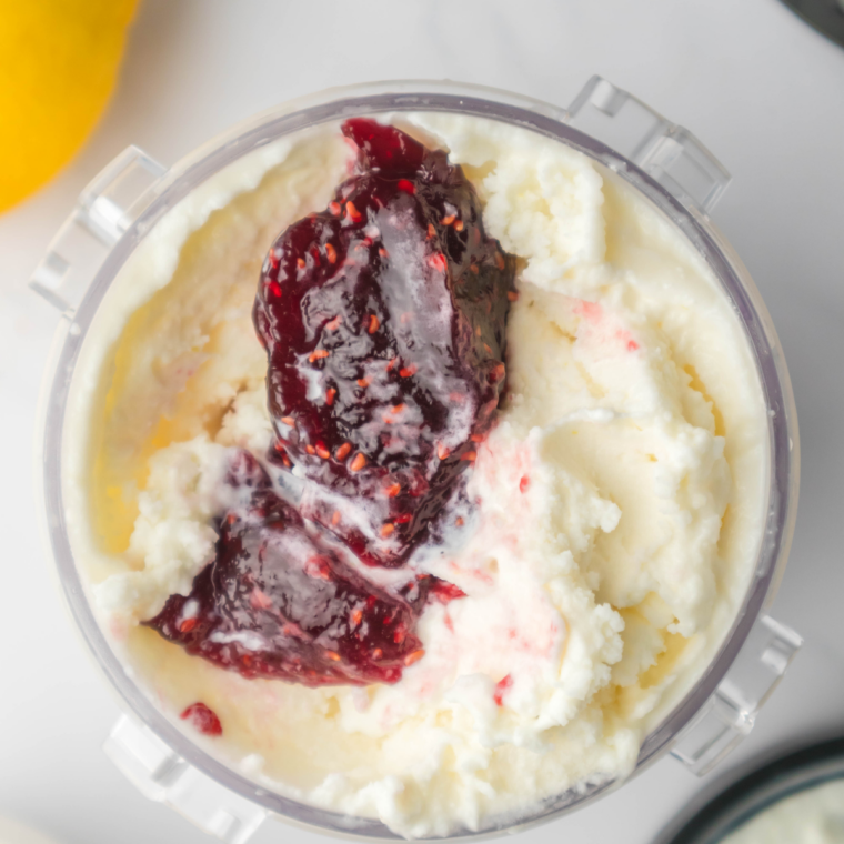 Raspberry preserves added to center of gelato, gently folded in using Mix-In function