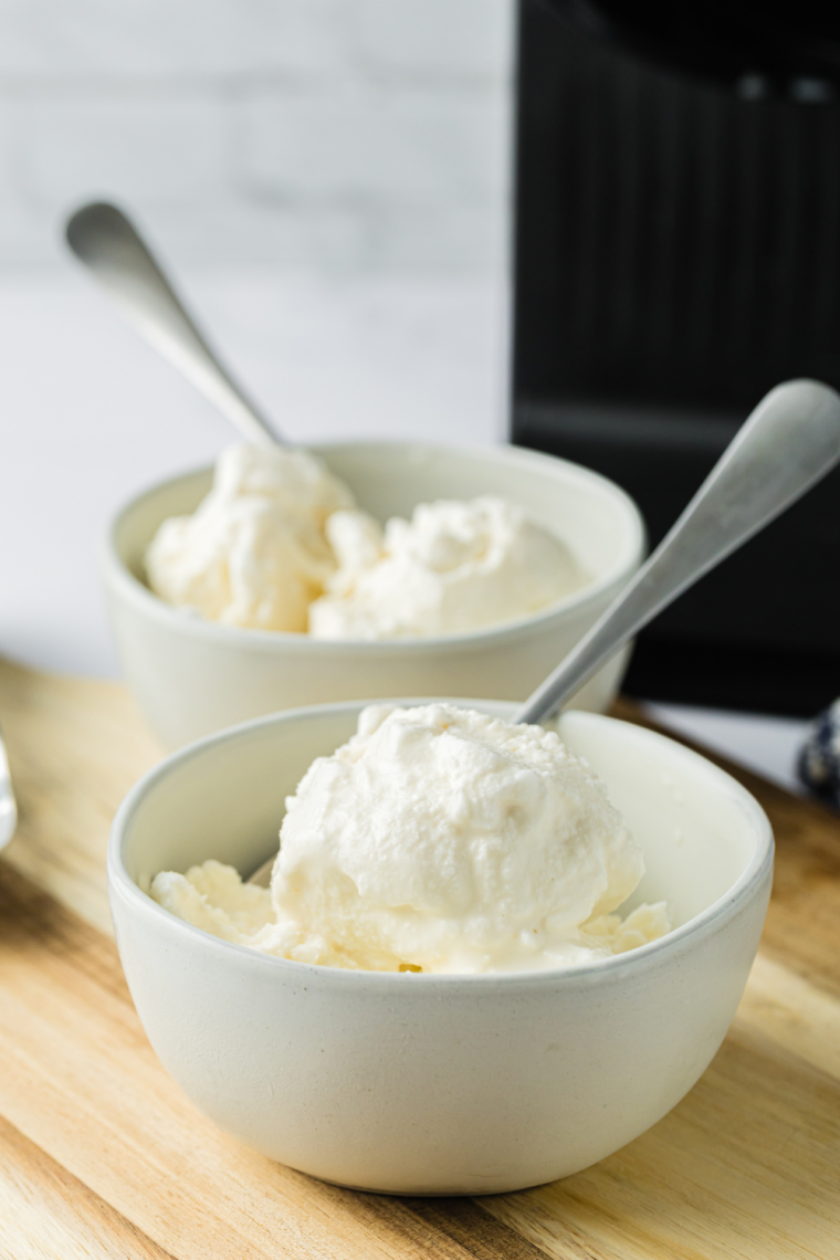 Bowl of homemade Ninja Creami vanilla gelato with a smooth and creamy texture.