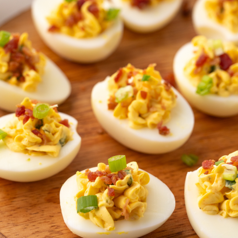 Plate of Texas Roadhouse-style deviled eggs with creamy, seasoned yolk filling