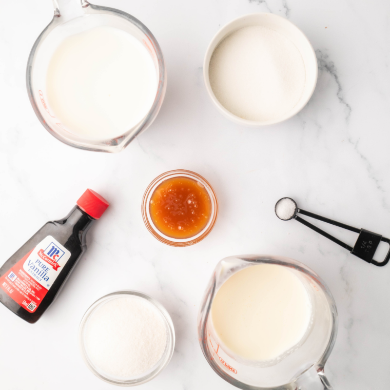 Ingredients needed for Ninja Creami Salted Caramel Gelato Recipe on kitchen table.