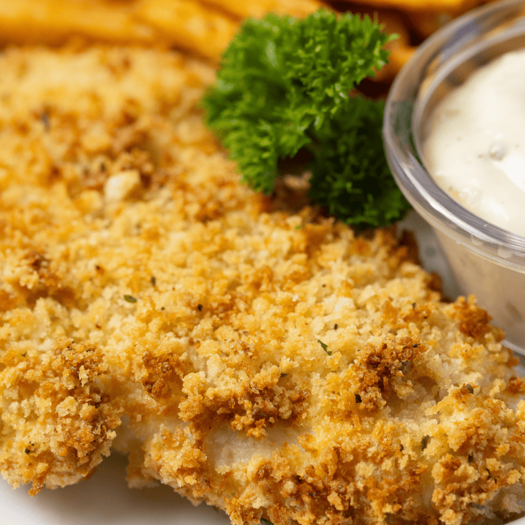 Air fryer crispy panko haddock on a plate, golden brown and flaky, served with a lemon wedge.