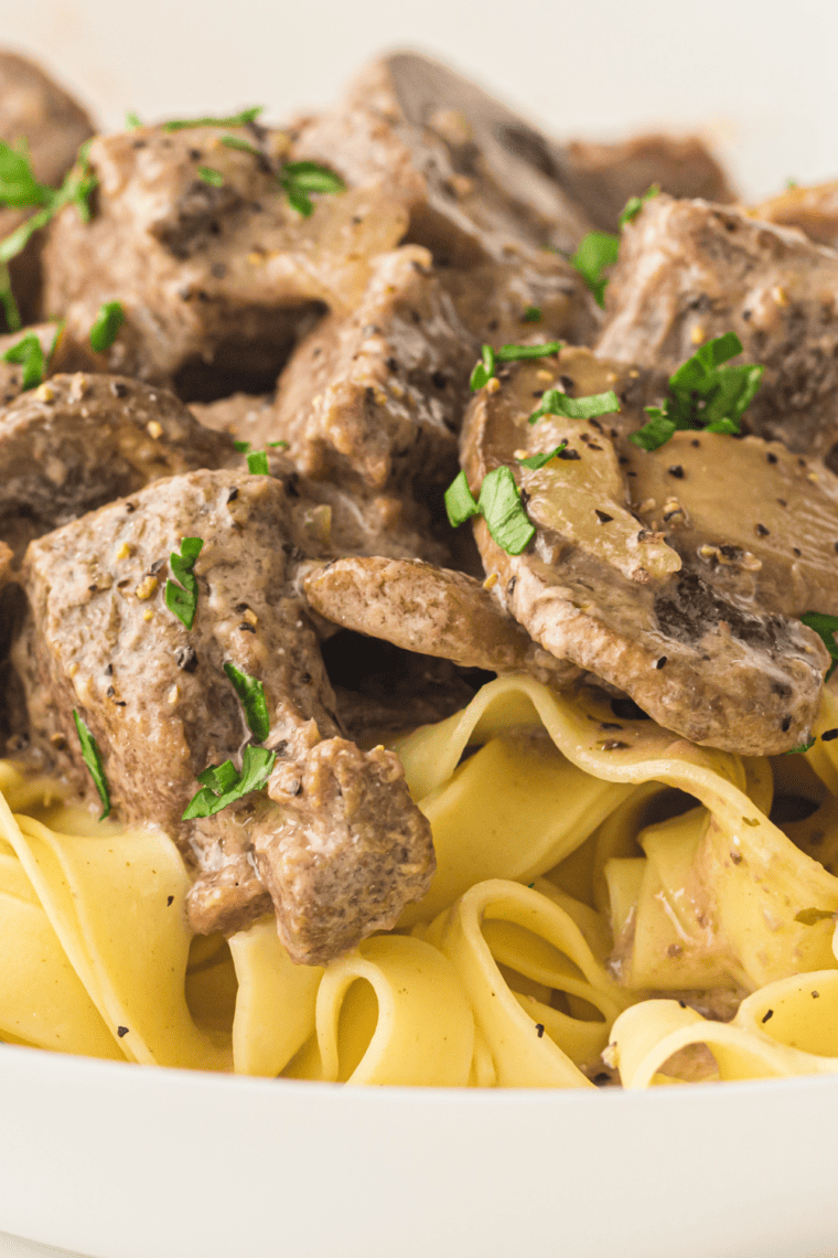 Close up of beef  Stroganoff on on a plate.