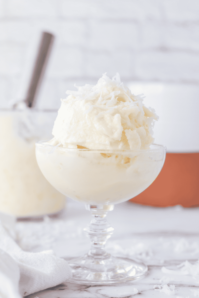 Homemade Ninja Creami coconut gelato in a glass bowl ready to serve.