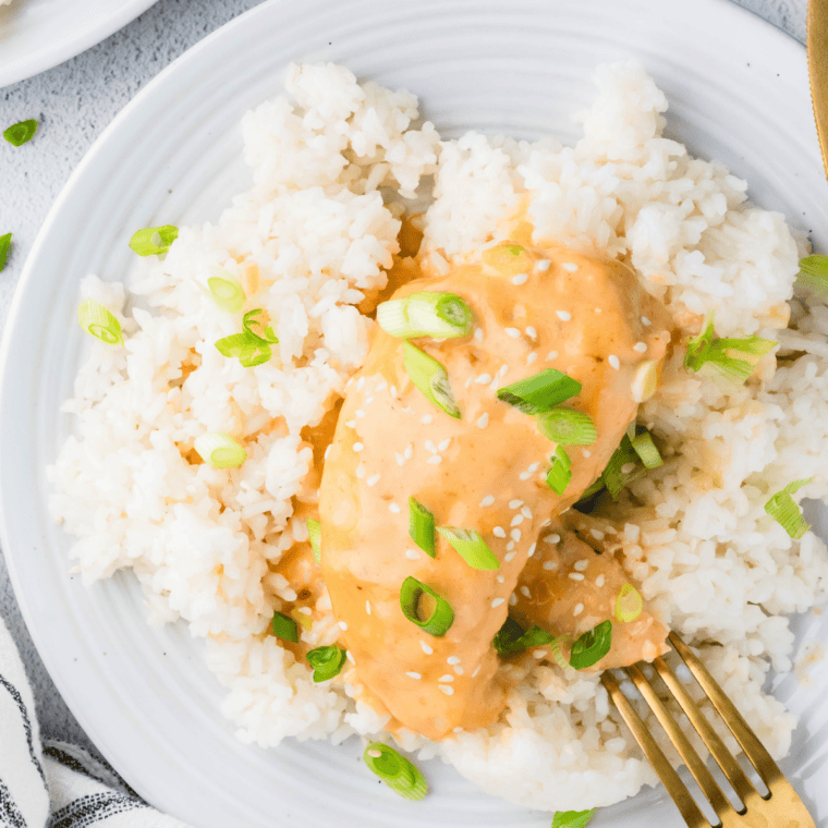 Slow cooker bang bang chicken served over rice with creamy sweet spicy sauce.
