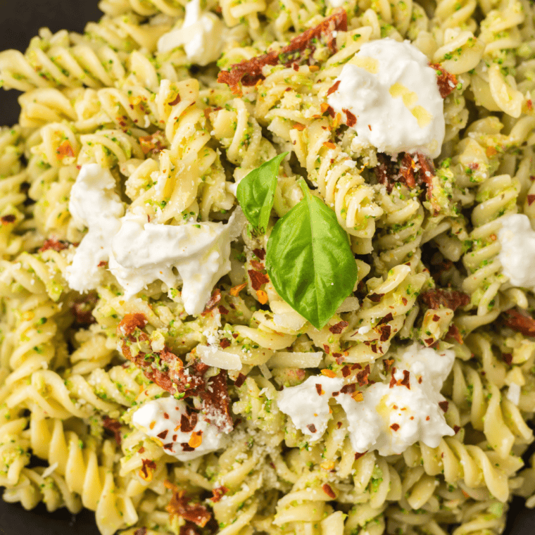 Trader Joe’s broccoli fusilli pasta bake in a casserole dish with melted cheese and broccoli.