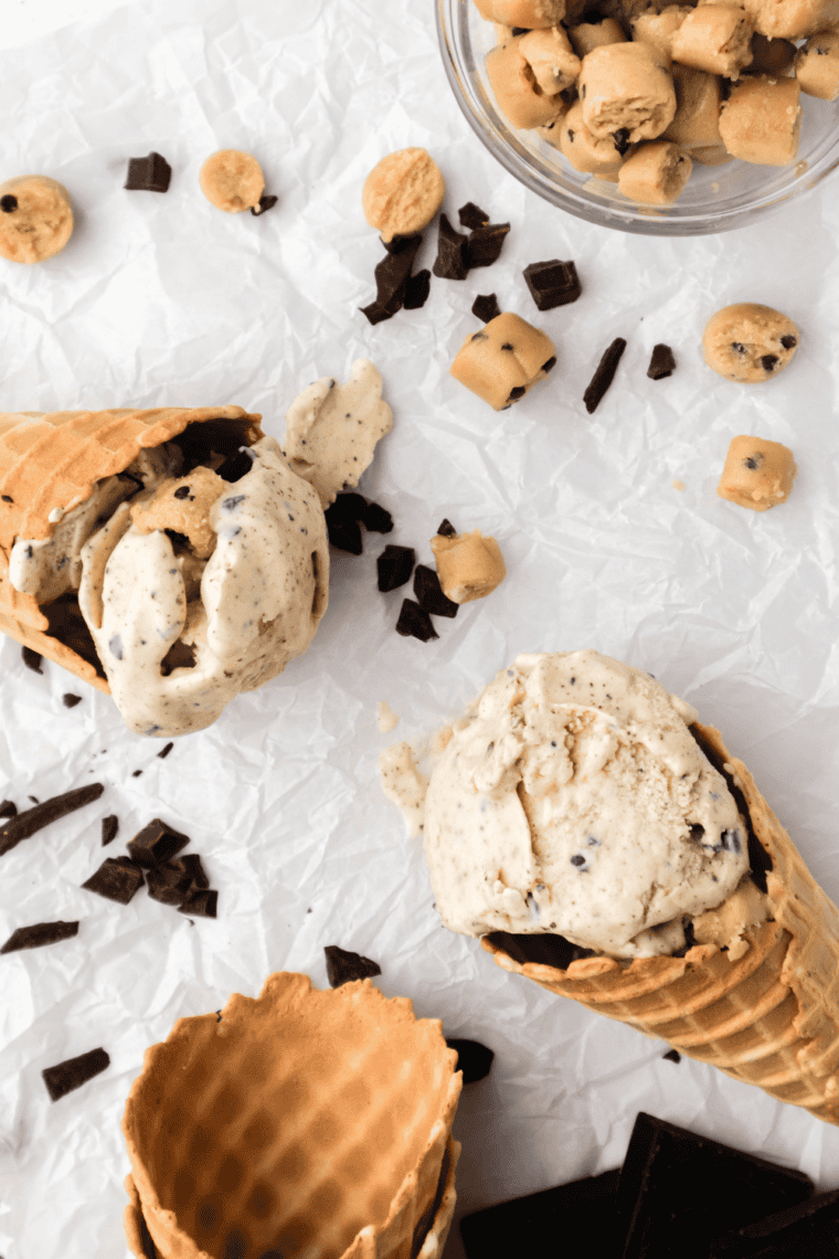 Homemade Ninja Creami copycat Baskin-Robbins Mom’s Makin’ Cookies ice cream with chocolate chip cookie chunks and cookie dough pieces.