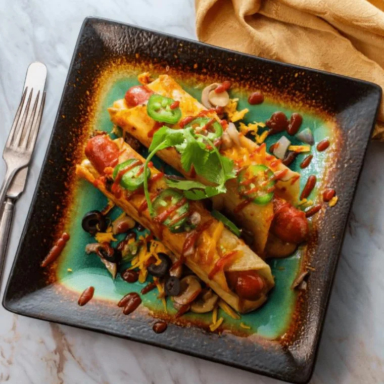 Air fryer hot dog taquitos made with tortillas wrapped around hot dogs, cooked until crispy, golden brown, and cheesy inside.