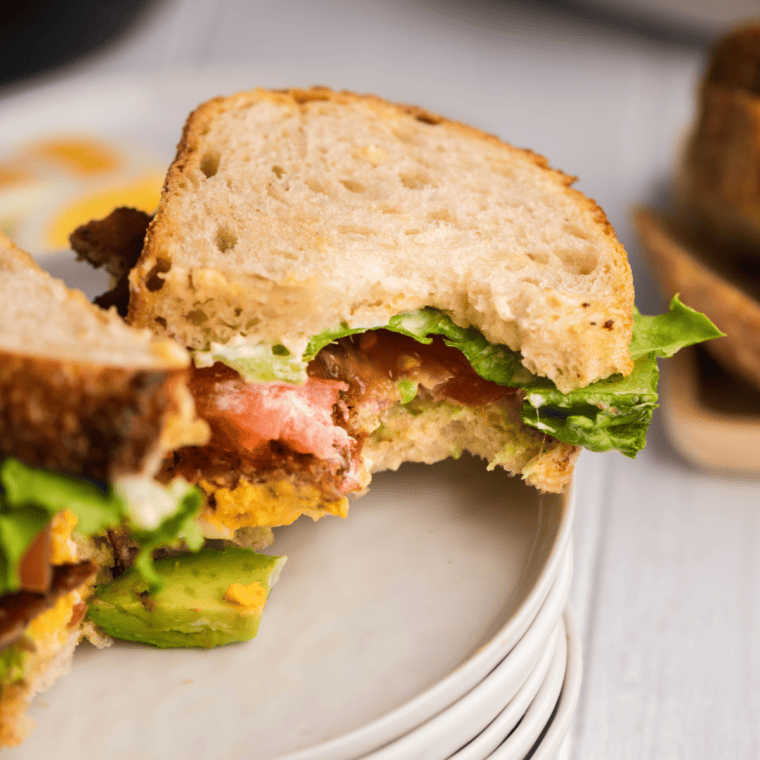 Close-up of a BLTE sandwich with crispy bacon, lettuce, tomato, and fried egg stacked on toasted bread served on a rustic plate.
