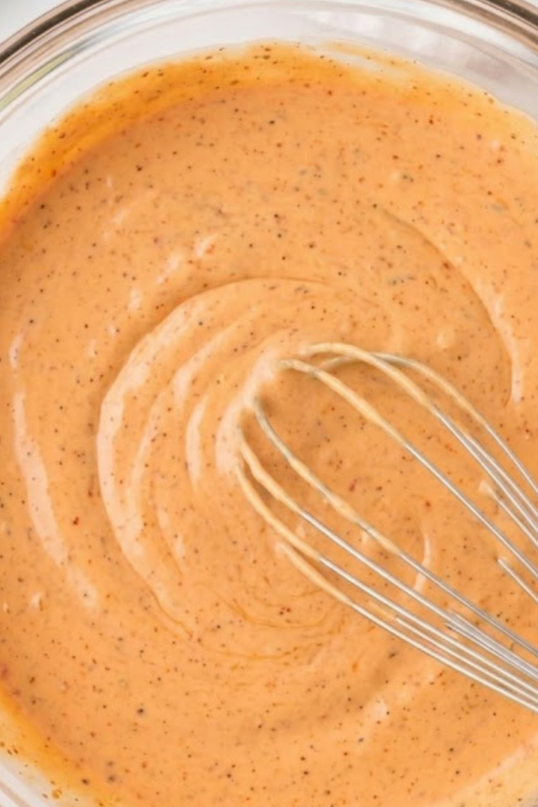 Rich creamy burger sauce in a mixing bowl with spoon, showing orange-pink color from ketchup, mustard, and spices with bits of pickle and onion.