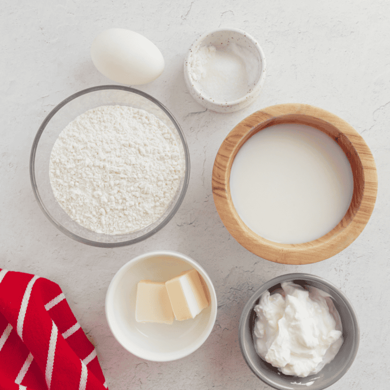 Ingredients needed for Copycat Perkins Restaurant Pancakes on kitchen table.