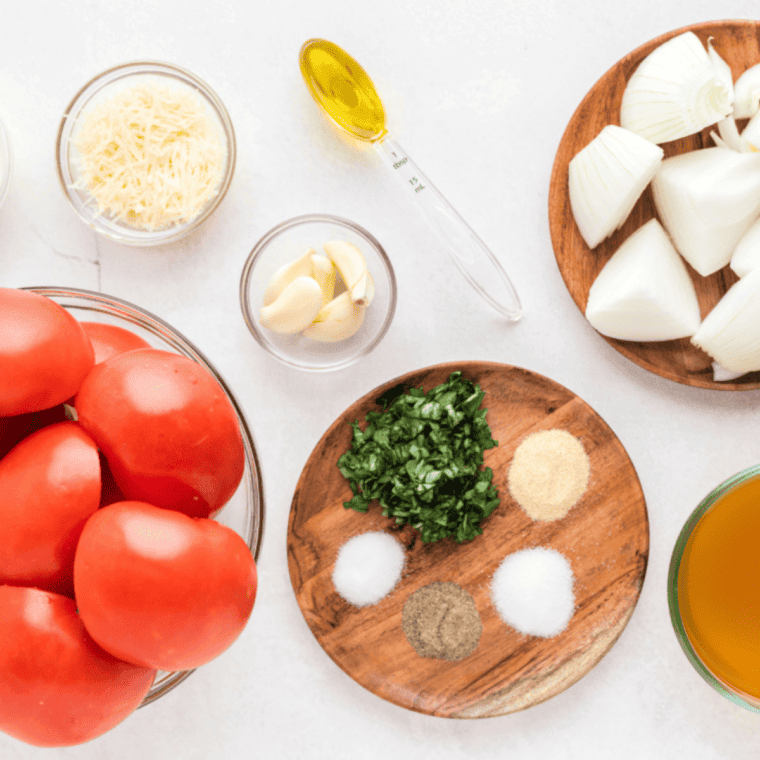 Chopped fresh tomatoes, garlic, and onion ready to sauté in olive oil.
